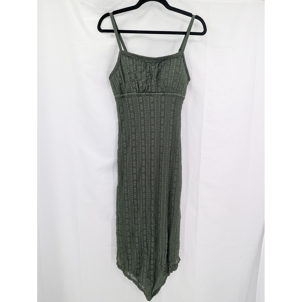 Olive Green Lace Midi Dress Handkerchief Hem Square M 8-10 NoBo Fairy‎ Grunge